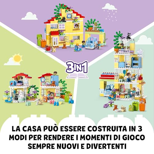 10994 DUPLO Casetta 3 in 1, Casa delle Bambole in Mattoncini con Auto Push-and-Go, Giochi per Bambini e Bambine dai 3 Anni in su con 5 Figure, 2 Animali e Lampada Luminosa - Lego - Immagine 3