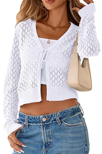 SimpleFun Crochet Cardigans for Women Trendy Long Sleeve Knitted Shrugs Crop Tops Resort Wear White,XL