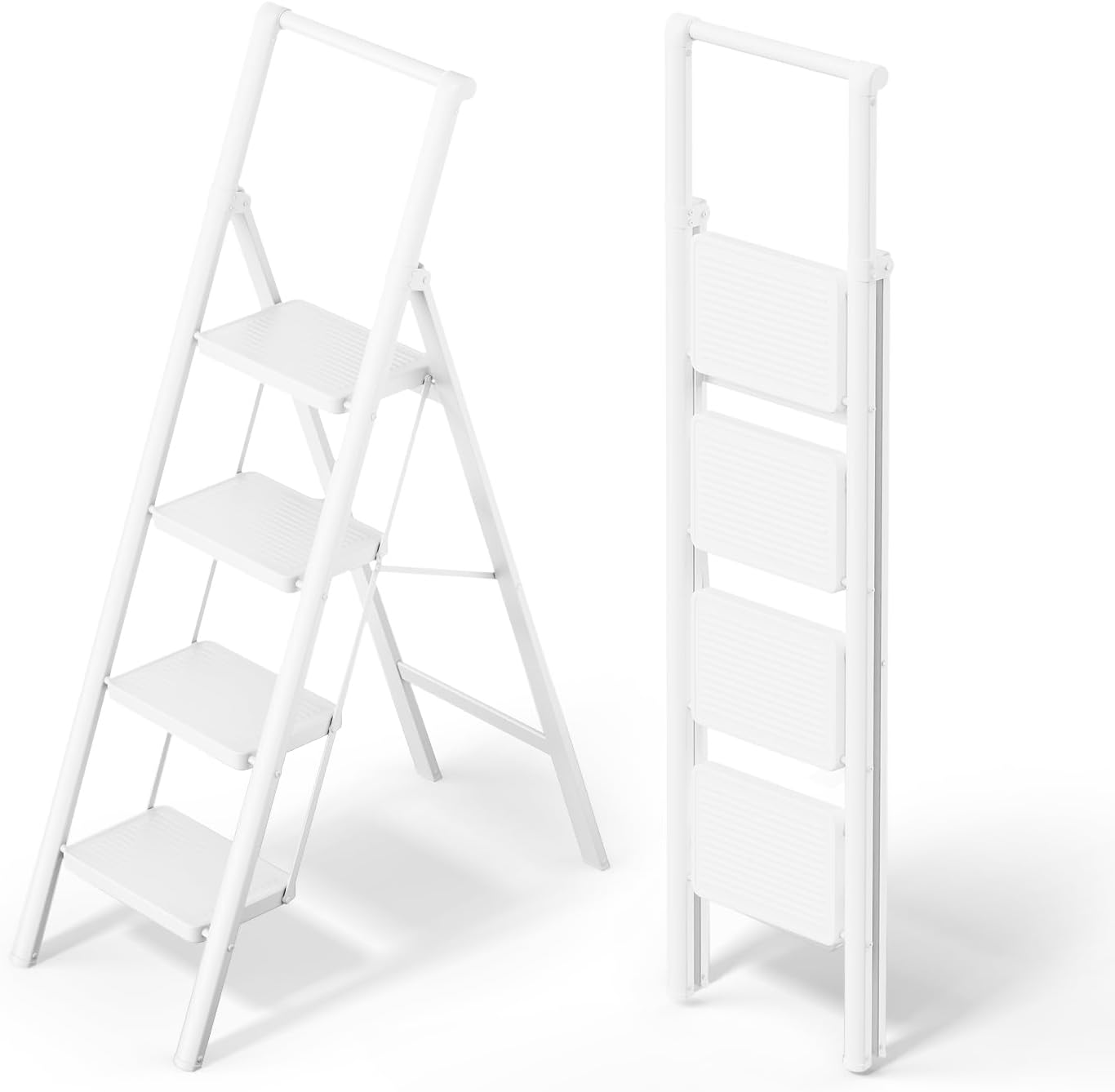 WOA WOA 4 Step Ladder, Foldable Ladder with Wide Pedals and Handle, Sturdy Ladders for Home and Kitchen with Anti-Slip Feet, Supports up to 330 lbs - White White 4 Step with Handrail