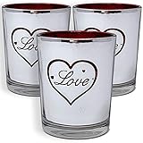 Silver Candle Holders with Red Heart and Love Design β Romantic Candle Decor β Weddings - Anniversaries - Valentine's Day - Christmas - 2.5" H x 2" W