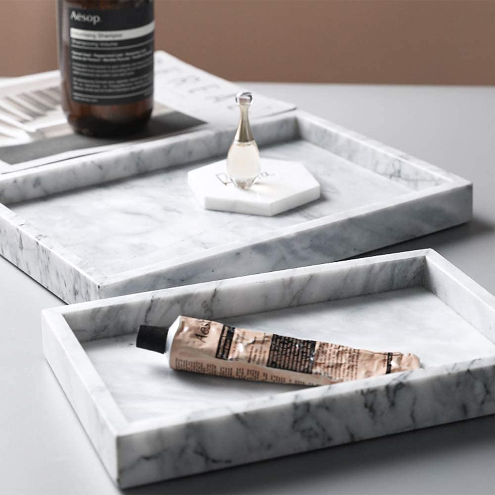 Noble Natural Marble Tray for Desktop/Kitchen/Vanity/Bathroom, Stone Organizer Tray for Coffee Table, Plate Holder for Tissues, Candles, Soap, Towel, Plant (Cloud Gray, Large 12“ x 8”)