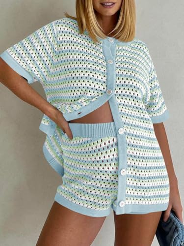 Image of Saodimallsu Womens Crochet Swimsuit Coverup Summer Beach Sets Striped Knit Short Sleeve Button Shirts 2 Piece Short Set