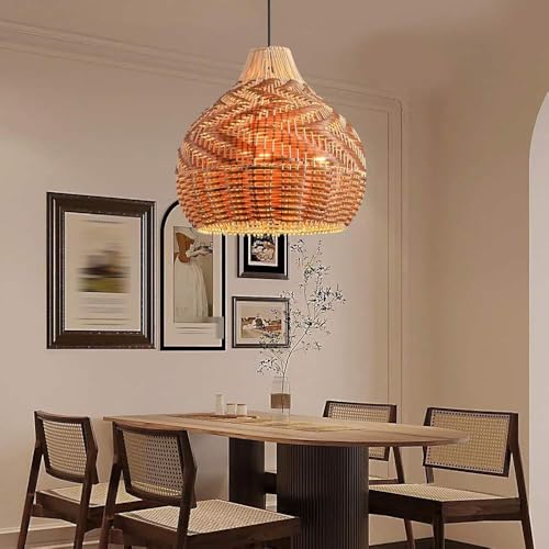 WISHVYQ Woven Pendant Lights, 15.8/19.7” Rustic Rattan Hanging Lamp Adjustable Handwoven Basket Shade, Wicker Coastal Retro Light Fixtures for Hallway Entryway Kitchen Island Dining Room - Image 3