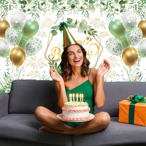Image of Greenery Birthday Banner Backdrop 71 x 43 Inch Sage Green Party Decorations Happy Birthday Photo Backdrops Eucalyptus Leaves Ballon Banner for Photography Women 21st 30th Party Supplies