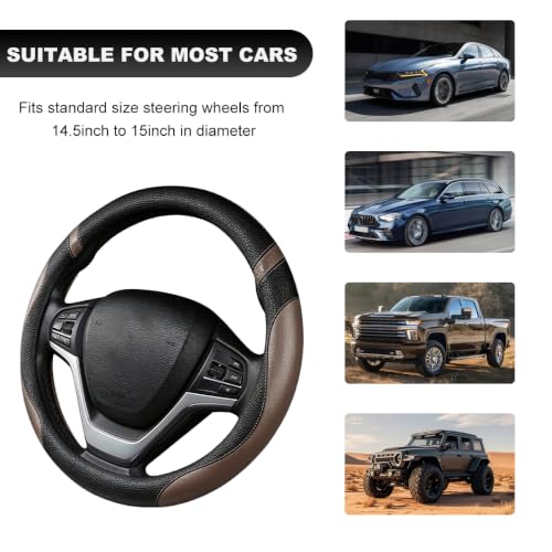 Image of Car Steering Wheel Cover, 15 Inch Premium Leather Breathable Non-Slip Wheels Wrap, Universal Auto Comfortable Steering Wheel Protector for SUV Truck Van, Car Accessories (Coffee)