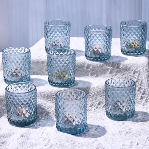Vohocandle Bleu Photophore Verre Lot de 12, Motif Diamant Bougeoir Verre pour la décoration d'automne, Contenant pour Bougie Chauffe-Plat Adaptés pour...