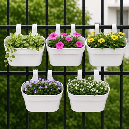 Image of Go Hooked 12 Inch Plastic Railing Hanging Planter Pot Set of 5 | Rectangular Flower Pots with Double Hook for Garden Fence Balcony Indoor Outdoor Home Decor | Durable Plant Container (White)