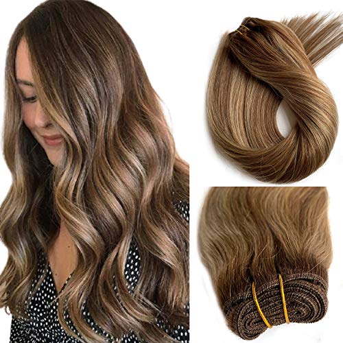Remy Highlights Sew in Hair Wefts Straight Brown Roots with Blonde Balayage Weft Human Hair Extensions Double Weft 18 Inch 100grams Full Head Real Hair Bundles