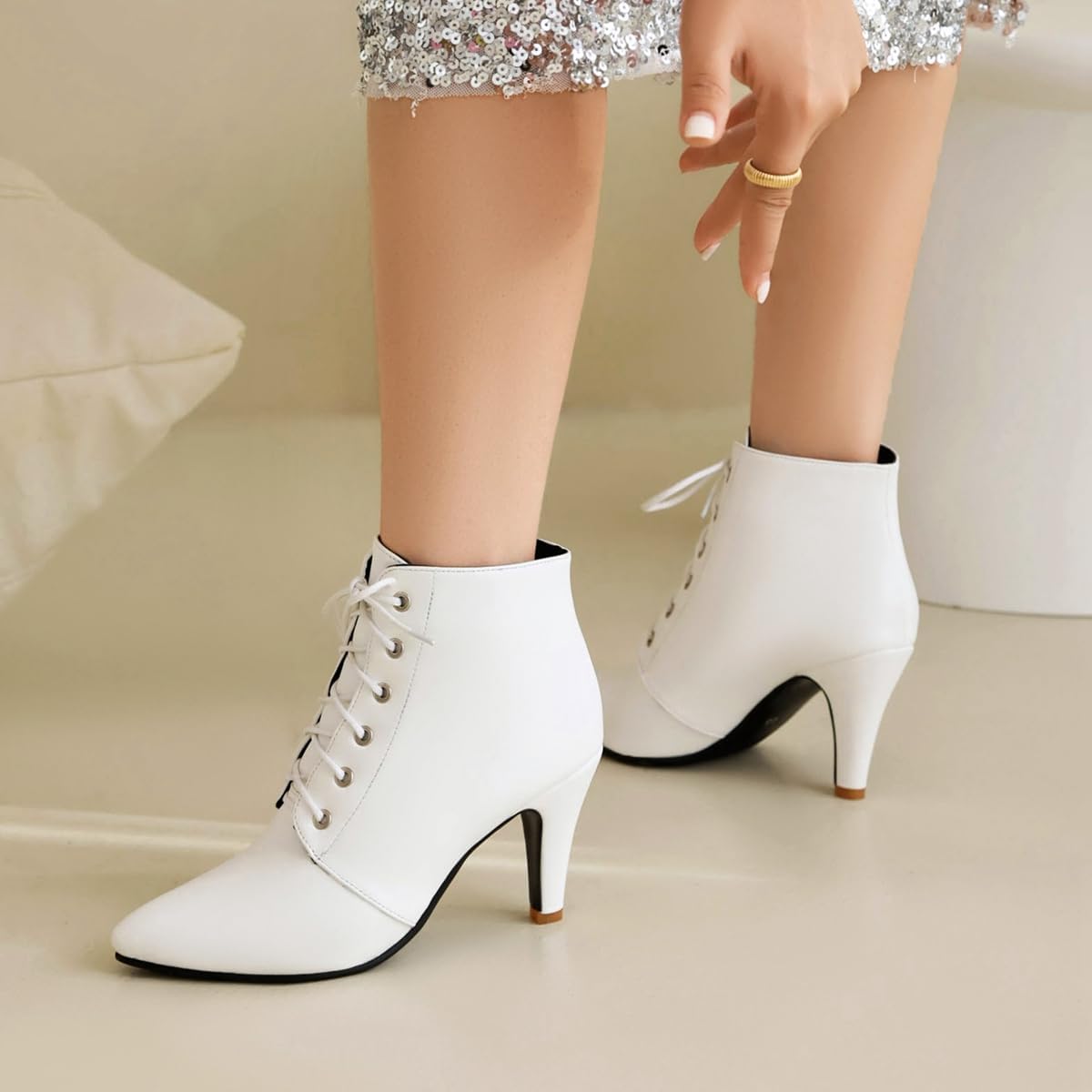 Women's Pointed Toe Dressy Ankle Boots Lace Up Stilettos High Heels Winter Fall Elegant Short Booties