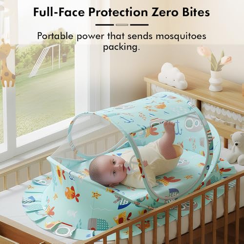 Image of StarAndDaisy Baby Mosquito net for Baby 0-12 Months with Mattress & Head Pillow for Infants, Toddlers, Baby, Breathable mesh-Mosquito Net for Baby's Peaceful Sleep - Aqua Print