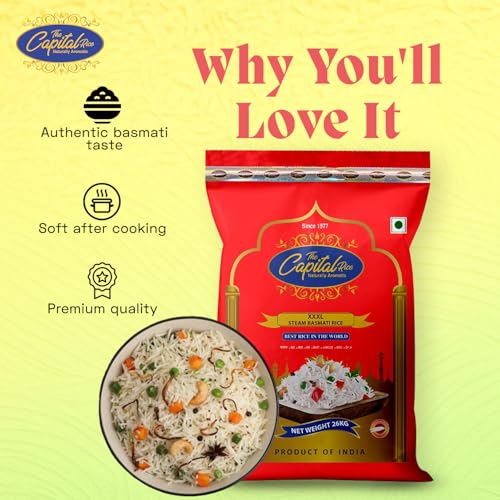 Image of The Capital XXXL Steam Basmati Rice - 26Kg Naturally Aromatic Extra Long-Grain Rice | Premium Aged & Non-Sticky for Biryani, Pulao & Daily Meals