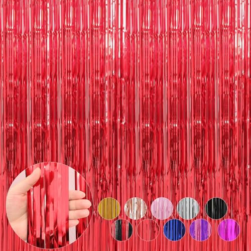 Image of 4 Pack Red Foil Fringe Curtains Streamers 3.3 x 8.2 ft, Tinsel Backdrop for Parties, Door Birthday Streamers, Photo Booth Backdrops, Party Decorations