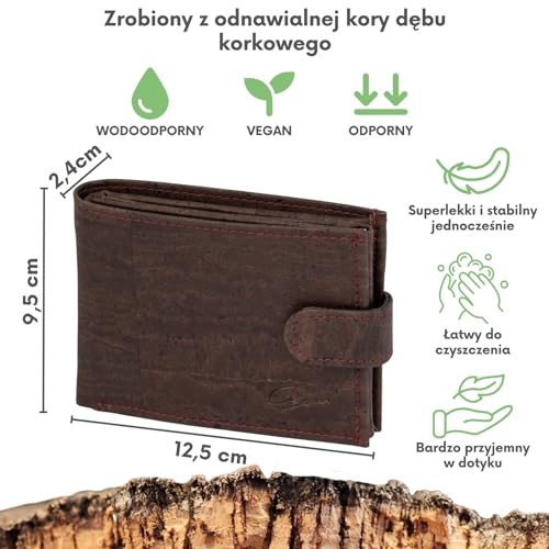 Simaru Wegański portfel męski z korka z ochroną RFID, podwójnym otwarciem i okienkiem na dowód | Przegródki na karty i dodatkowa kieszeń na zamek | Naturalny korek (Brązowy)