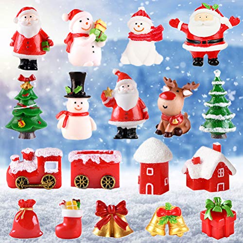18 PCS Christmas Miniature Figurines Ornaments, Resin Xmas Miniatures Mini Landscape Christmas Tree Snowman Santa Figurines for DIY Snow Globes Crafts Winter Fairy Garden Dollhouse Decoration