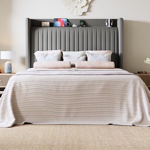 Image of Allewie Full Size Platform Bed Frame with USB Charging Station and Storage Shelf /Upholstered Velvet Wingback Headboard /Wooden Slats Support /No Box Spring Needed /Easy Assembly, Grey