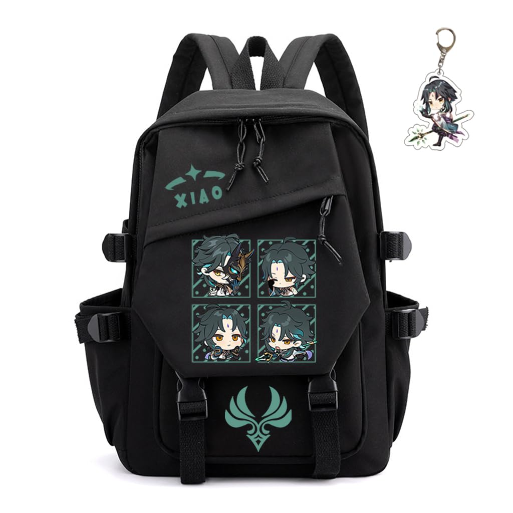SodaMeowGenshin Impact Backpack Unisex Women Men Rucksack Furina Xiao Scaramouche Kawaii Backpack, Free Keychain (Black-Xiao)