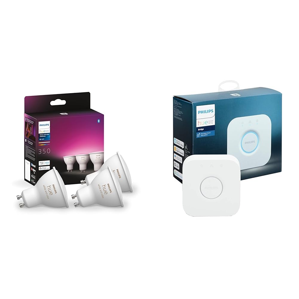 Philips Hue Philips Hue White & Colour Ambiance Smart Spotlight 3 Pack LED [GU10 Spotlight] - 350 Lumens & Bridge. Smart Home Automation Works with Alexa, Google Assistant and Apple Homekit.