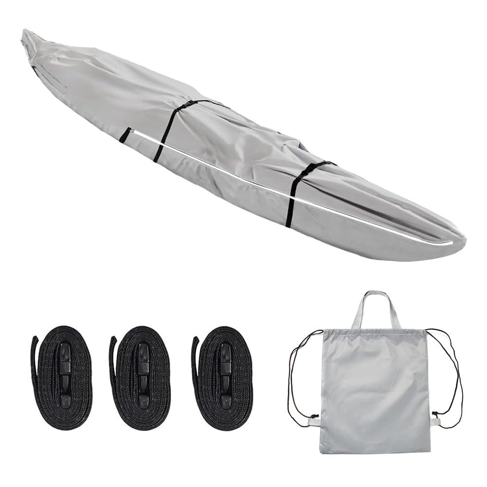 JSCARLIFE 420D Thickened Kayak & Canoe Cover,Duty Waterproof Kayak Cover UV Resistant Canoe Storage Cover UV Protection Sunblock Shield for Fishing Boat,Kayak,Canoe and Paddle Board (13FT-400 * 75CM) — image 1