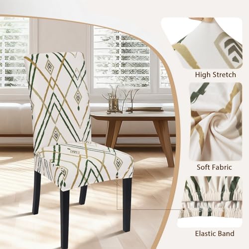 Image of SearchI Dining Room Chair Covers Set of 6, Stretch Printed Kitchen Chair Slipcovers Removable Washable Parsons Chair Covers Protector for Dining Room, Hotel, Ceremony (Beige-Green Stripe)