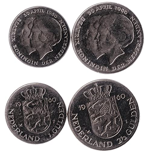 2 Coins from Netherlands | Dutch Coin Set Collection 1 2½ Gulden | Circulated 1980 | Queen Beatrix | Princess Juliana