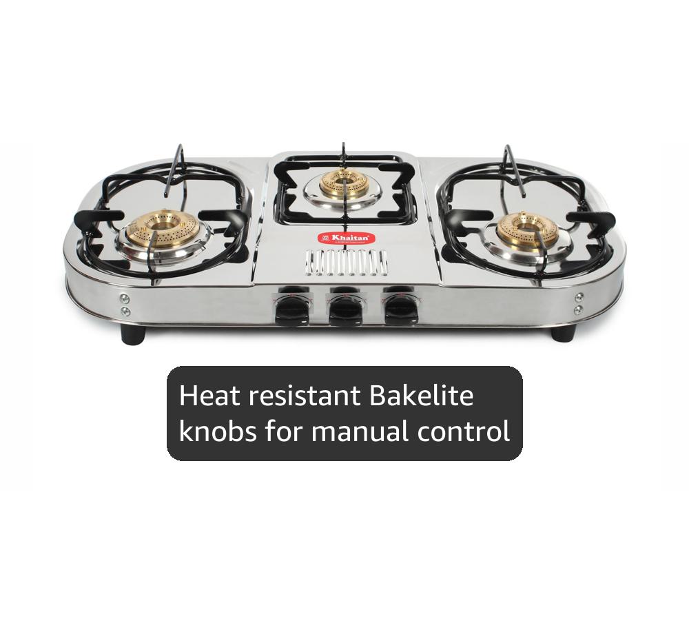 Khaitan 3 Burner Draw Double Decker (with party cooking burner) Stainless Steel Manual Gas Stove (3 Burners)
