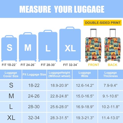 Image of Luggage Cover for Travel - World Landmark Stamp Style, Waterproof Suitcase Wrap and Luggage Protector for 28''-30'' Suitcase, L