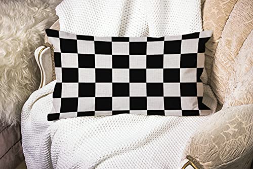 Smooffly Checkerboard Decorative Throw Pillow Cover Case Geometric Checkered Plaid Pattern Black And White Cotton Linen Pillow Cases Oblong Rectangle Cushion Covers For Couch Sofa Bed 12X20 Inch #TOP1