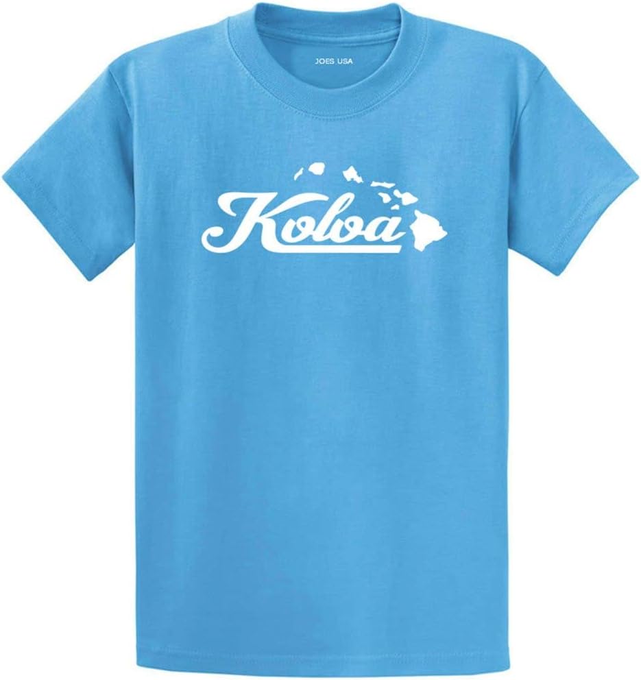 Joe's USA Koloa Cursive Island Logo Cotton T-Shirts in Regular, Big and Tall Sizes Small Aquatic Blue - White Logo (Heavyweight 100% Cotton)