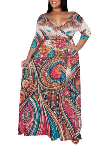 Image of SUZONANA Plus Size Maxi Dresses for Curcy Women Casual Loose 3 /4 Sleeve Long Dress with Belt