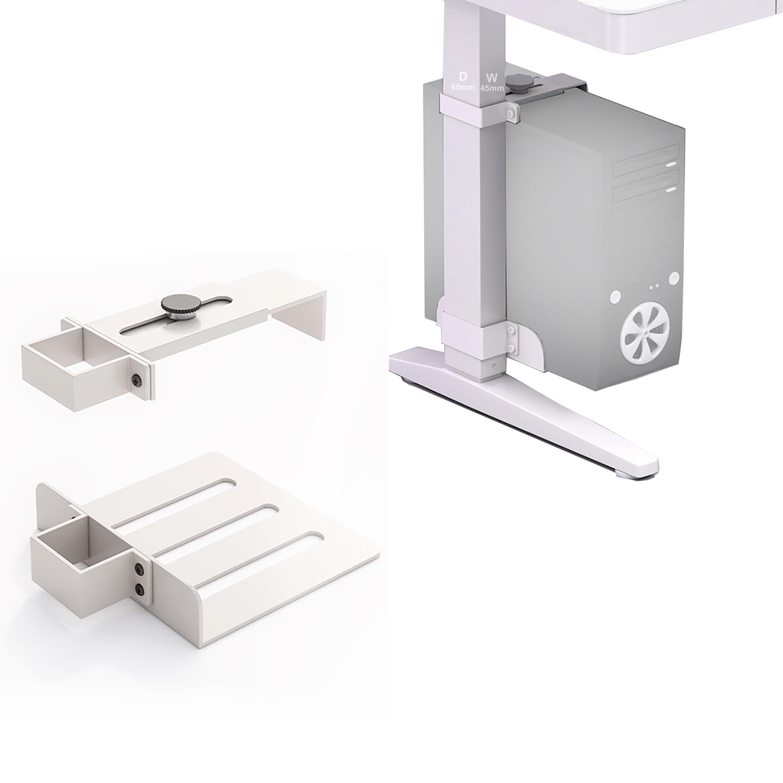 Soporte PC Bajo Escritorio, Instalación sin Taladros, Resistente hasta 18 kg, Ajustable en Altura y Anchura, Soporte Torre PC Bajo Mesa para Escritorios de Pie (Patas de Mesa de 65 x 45 mm) Blanco