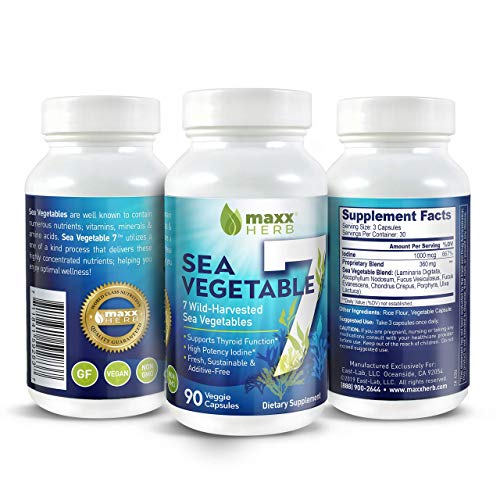 Maxx Herb Sea Vegetable 7 - Natural High Potency Iodine Supplement for Thyroid Support (90 Veggie Capsules, 1 Month Supply) - All Natural Seaweed, Sea Vegetables and Vegan Kelp Capsules