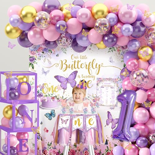 Image of Butterfly First Birthday Decorations for Girl Pink Purple Butterfly 1st Birthday Party Decoration Supplies Include Balloon Arch Balloon Boxes Backdrop Tablecloth Birthday Hat