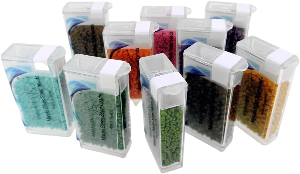 Set of 10 Colors - Miyuki Size 11/0 Round Seed Beads, 100 Grams - Wildflower Collection in Flip-Top Containers and Plastic Storage Box