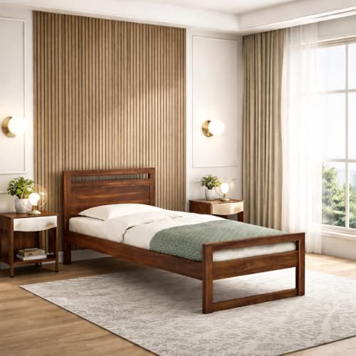 Image of KR FURNITURE Solid Sheesham Wood Single Bed with Headboard & Footboard | Wooden Palang Cot for Bedroom, Hostel & Guest Room | Strong & Durable Single Bed | Fits 72 x 36 Inches Mattress | Walnut Finish
