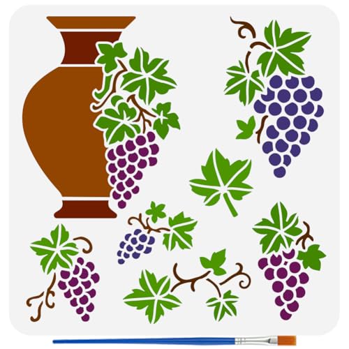 FINGERINSPIRE Plantillas para vasijas de cerámica con pincel, 30 x 30 cm, plantillas de pintura grandes para uvas, plantilla reutilizable con patrón de ramas de mascotas, hojas, diseño de otoño