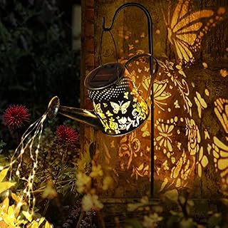 FIMAGO Watering Can with Lights, Solar Lights Outdoor Butterfly Art Garden Decor Hanging Solar Lanterns, Metal Waterproof for Walkway Yard Pathway Patio Table