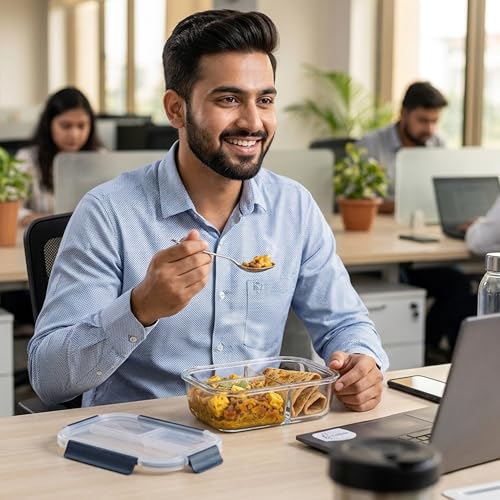 Image of Treo by Milton Clip Fresh Rectangle 3-Compartment Glass Container 1000 ml| High Borosilicate Glass | Airtight & Leak-Proof | Microwave & Fridge Safe | Ideal for Meals, Snacks & Fruits, Transparent