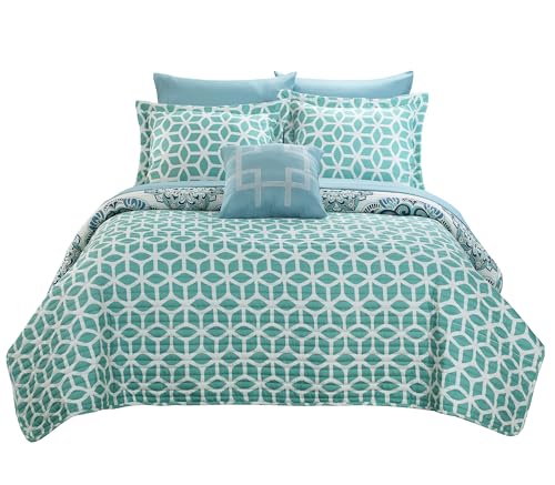 Chic Home Madrid 3 Piezas Reversible edredón Super Suave Microfibra Gran medallón diseño Felpudo con un diseño geométrico Impreso Juego de Cama con Decorativo Almohada y Sham, Doble Verde
