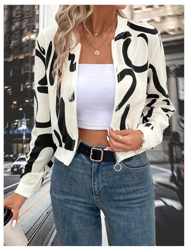 SweatyRocks Women's Graphic Zip Up Long Sleeve Bomber Jacket Fall Shacket Coat Lightweight Outerwear3