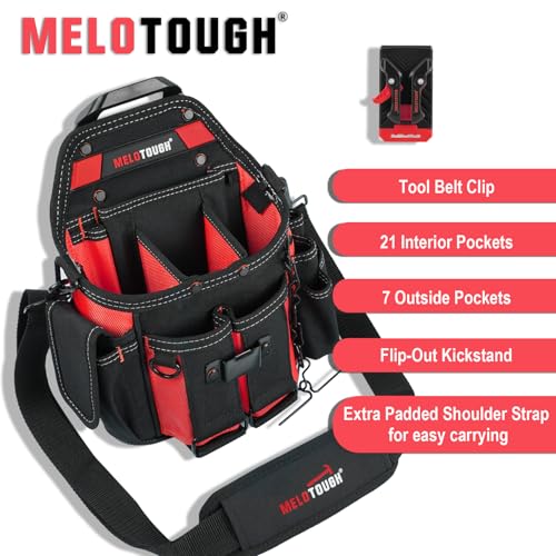 Image of MELOTOUGH Professional Electrician Tool Pouch Bag with Shoulder Strap Tool Pouch with Belt Clip Quickly Attach and Release Tool Bag