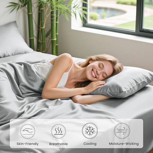 Image of Love's cabin 4 Piece Queen Sheet Set, 100% Rayon Derived from Bamboo, Cooling & Breathable, Soft Silky Deep Pocket up to 16 inch, Hotel Luxury Bedding for Hot Sleepers, Light Grey