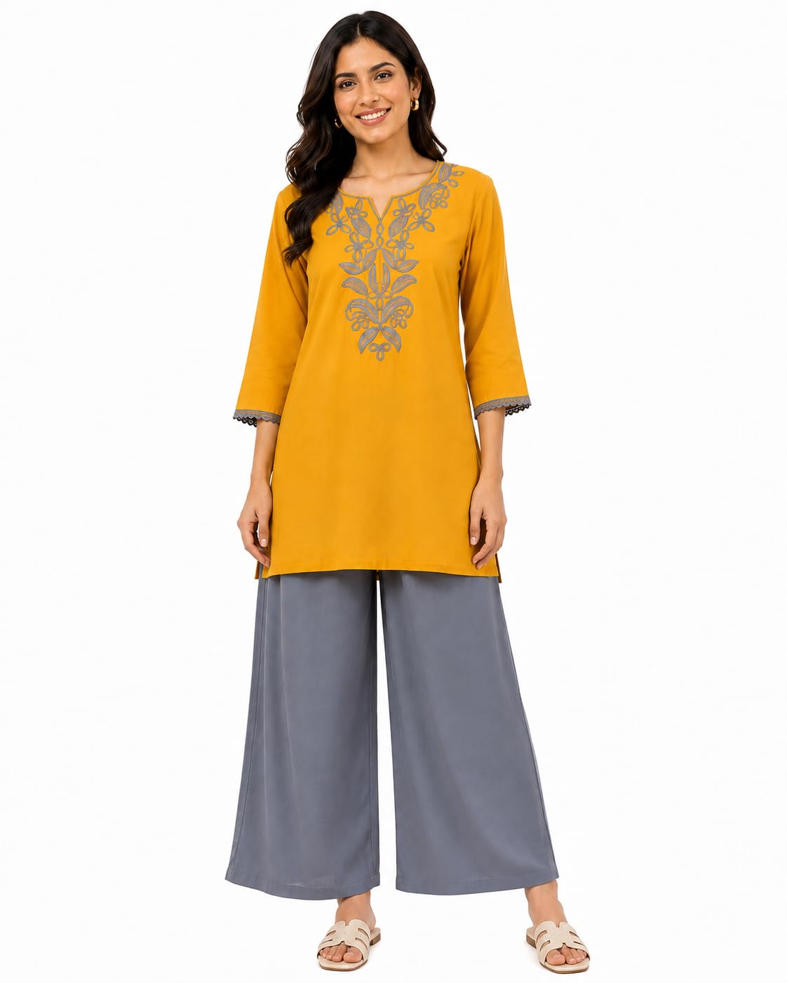 Saffron Thread Mustard Embroidered Kurti with Grey Palazzo Set-image-36