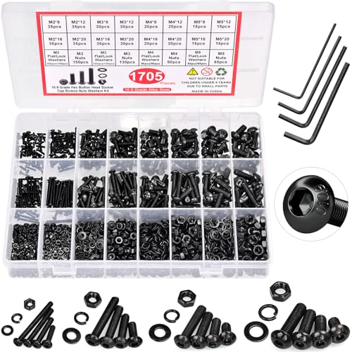 1705 Pieces Hex Button Head Machine Screw Assortment Kit M2 M3 M4 M5 Metric Bolt and Nut with Lock and Flat Washers, 10.9 Alloy Steel Cap Screw Set with Wrench