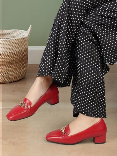 Image of ELLE Women's Square Toe Block Heels Slip-On Pumps with Buckle Detail