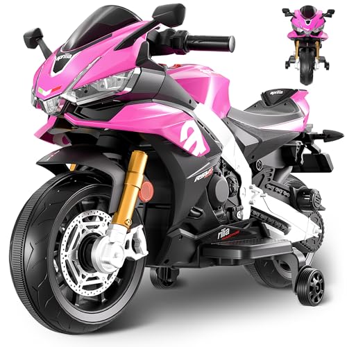 Letsgoride Kids Electric Motorcycle, Licensed Aprilia RSV4 Battery Powered Ride on Motorbike with Headlight, Music, Wireless, Electric Dirt Bike w-Training Wheels for Toddler Boys Girls (Pink, 12V)