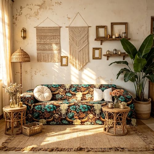 Erosebridal Bull Skull Boho Flowers Teal Blue Couch Cover 71" x 118" | Ethnic Bohemian Horns Sofa Cover Aztec Brown Tribal Couch Protector Adults Men Women Washable Sofa Slipcover