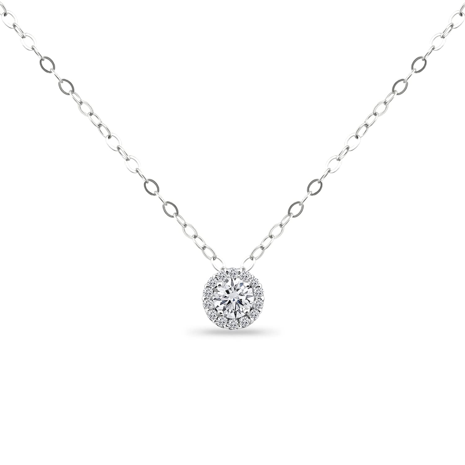 B. BRILLIANT0.50 Carat Cubic Zirconia 5mm Round Halo Solitaire CZ Sterling Silver Necklace Jewelry for Women Girls Gift Box, Metal, Cubic Zirconia