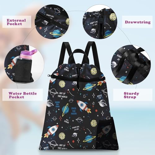 Space Rocket Drawstring Backpack, 15” x 17” Waterproof Swim Bag for Beach Swimming Pool, Lightweight Foldable Gym Bag with Water Bottle Holder for Sports Travel3