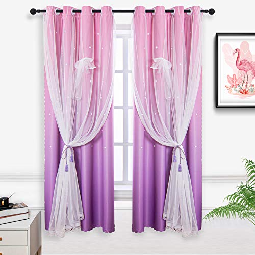 Hughapy Pink and Purple Star Curtains for Kids Bedroom Girls Room Decor Ombre Curtains for Living Room Aurora Sky Themed, Room Darkening Window Curtains, 1 Panel (52W x 63L, Pink/Purple)