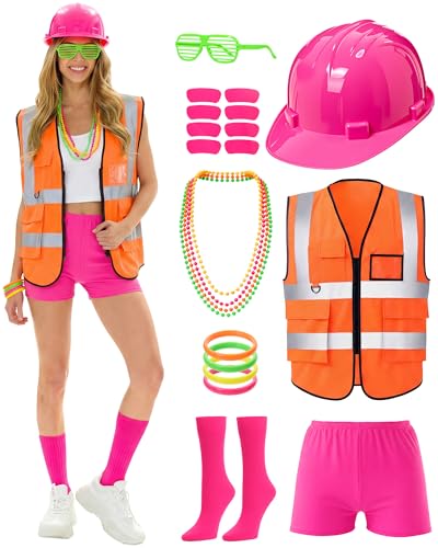 Croknit 14 Pcs Construction Workers Costume Neon Football Game Outfit Reflective Safety Hat Socks Vest for Women Sport Week(Orange)